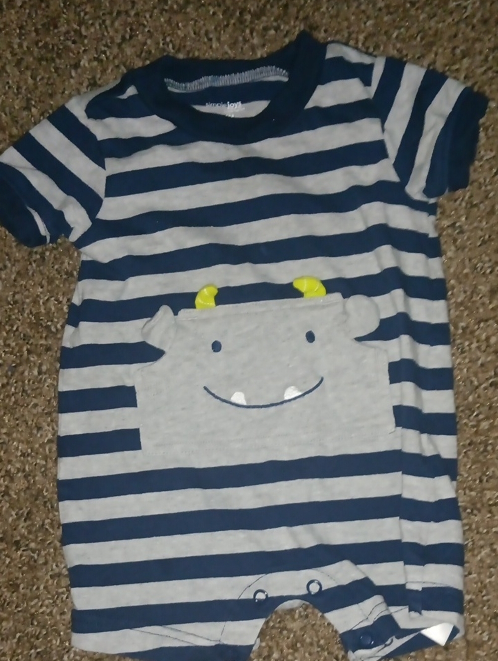 Striped Navy & Gray Monster Pocket Baby Romper- Simple Joys By Carter's